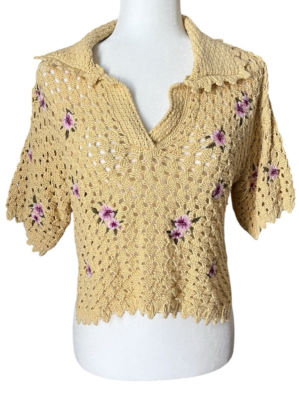 MANGO Yellow Floral Crochet Boho Short Sleeve Sweater Cropped Top Size XS